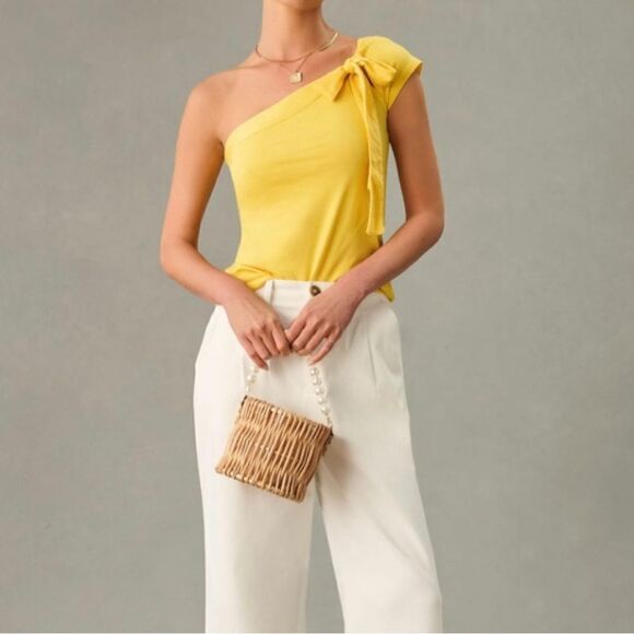 Anthropologie Maeve One Shoulder Bow Tee Knit Sunny Yellow Top M NEW $68 - Picture 3 of 7